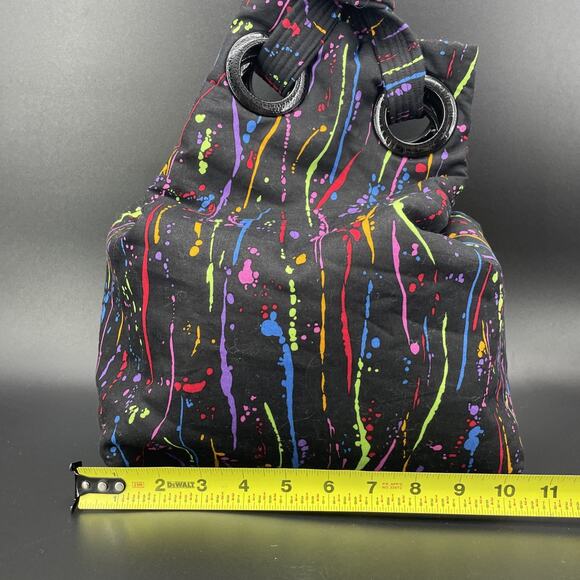 Hand Crafted Bucket Tote Bag Black w/Neon Paint Splatter Soft Fabric Artsy Boho - Picture 3 of 9